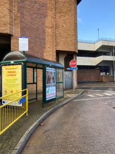 Yeovil Advertising Shelter 6510 Panel 3 and Panel 1 Bus Station - end, facing walkway to town